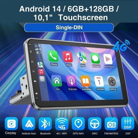 6/128GB 10.1&rdquo; 1-DIN мултимедия с Android 14, 8-core CPU, 4G/LTE, RDS, CarPlay и AndroidAuto