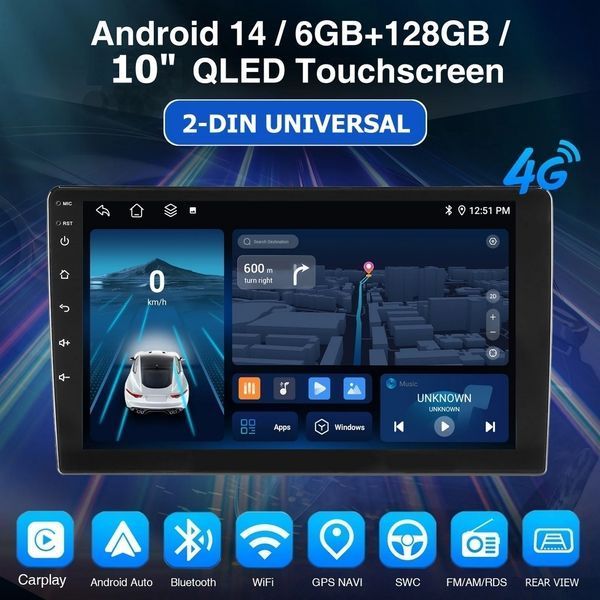 10&rdquo; 2-DIN мултимедия с Android 14, 4G/LTE, RDS, 6/128GB, CarPlay и AndroidAuto